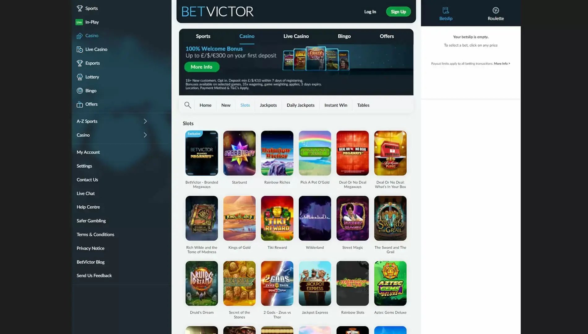 screen shot of the betvictor casino home page