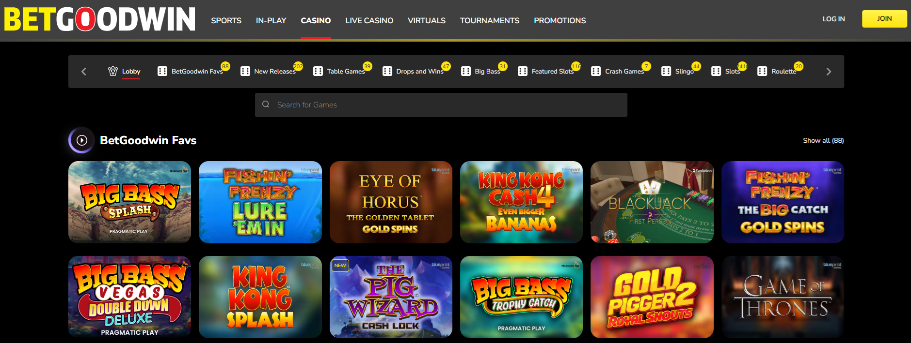 Betgoodwin games lobby screenshot