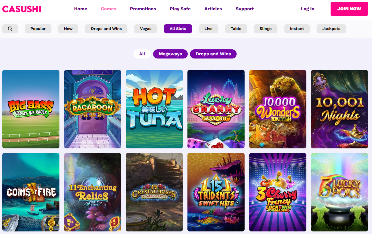 screen shot of the casushi casino slots home page