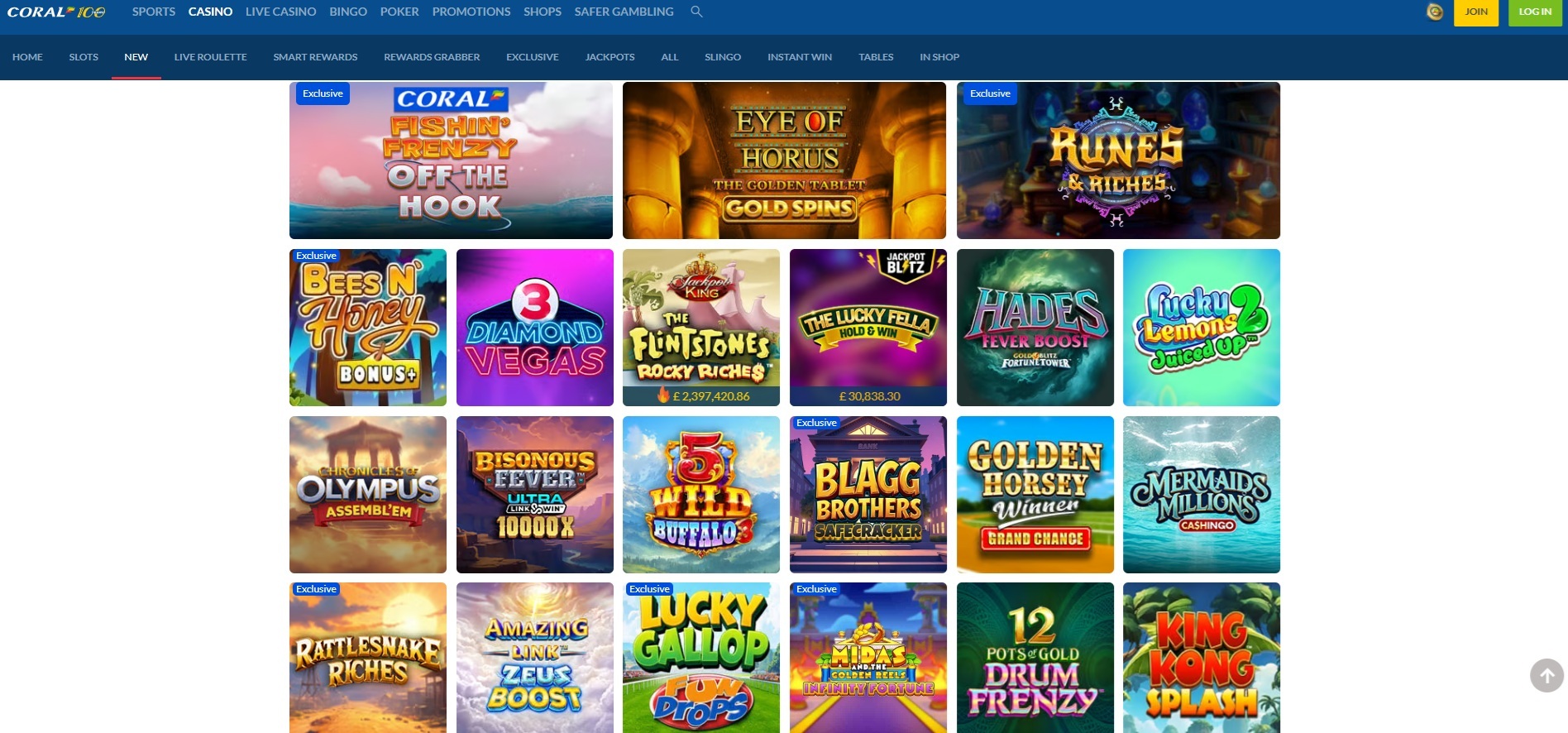 screenshot of coral casino home page