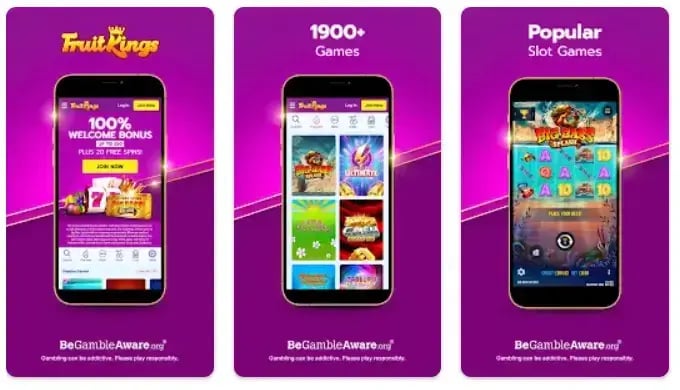 image of 3 mobile phones displaying different screens from the fruit kings app