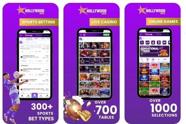 image of 3 mobile phones showing screens from the hollywood bets app