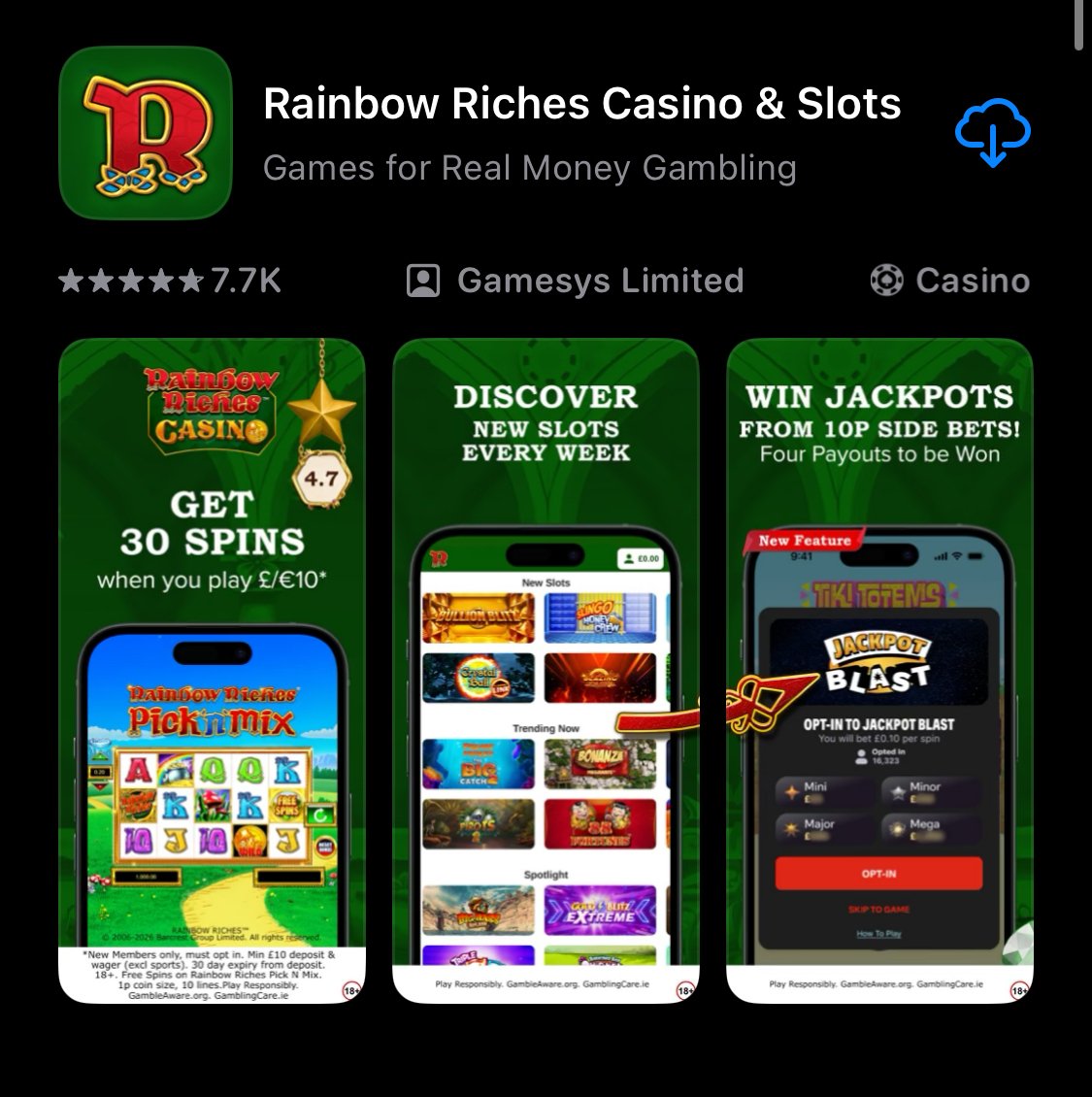 Rainbow Riches casino app shown on app store Rainbow Riches casino app shown on app store