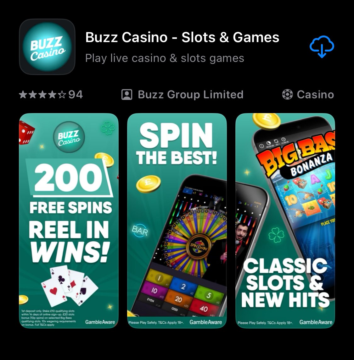 Buzz Bingo's casino app shown on app store