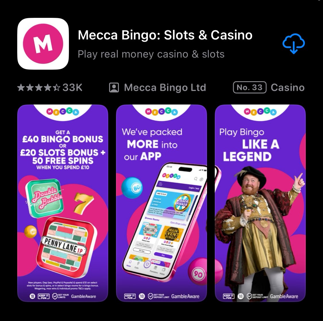 Mecca Bingo app shown on app store