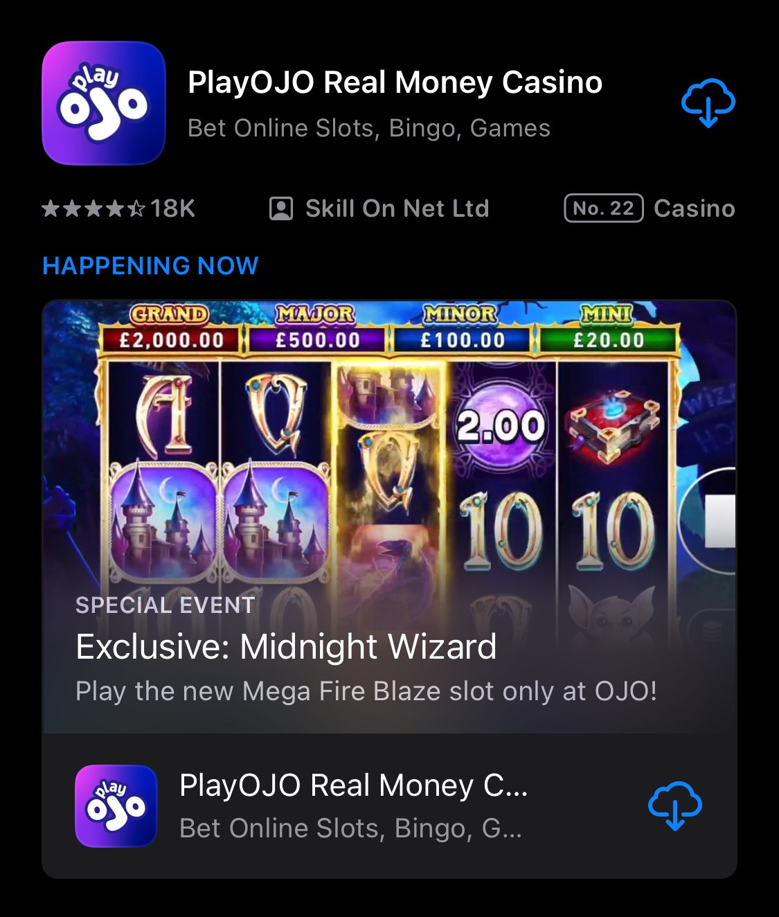 PlayOJO app shown on app store