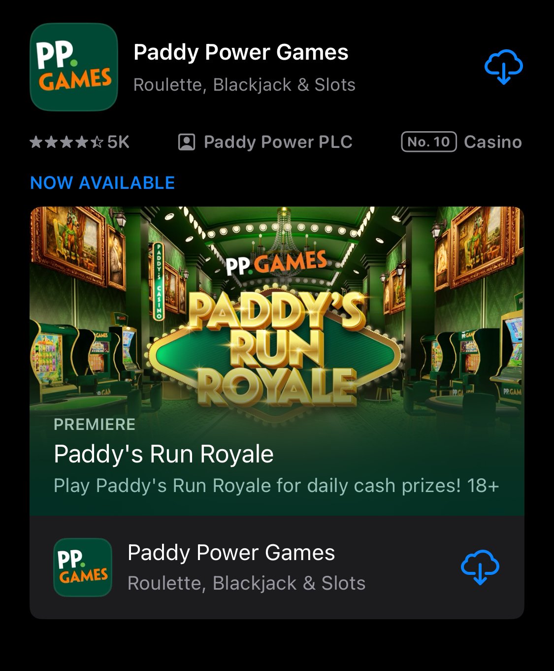 Paddy Power casino app shown on app store