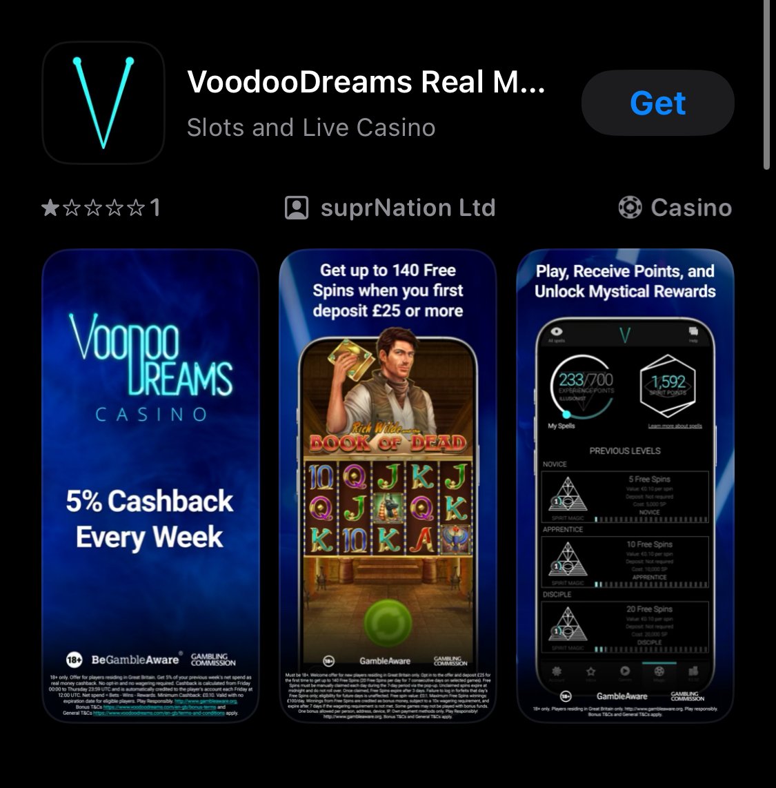 Voodoo Dreams app shown on app store