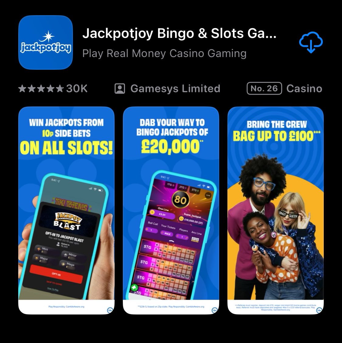 Jackpotjoy app shown on App Store