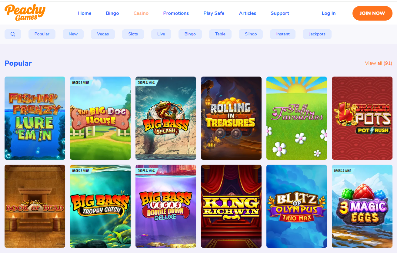screen shot of the peachy games casino home page