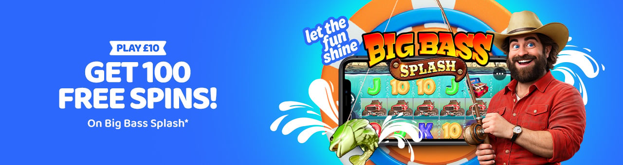 ad for peachy games new customers. Bet £10 and get 100 free spins on big bass splash