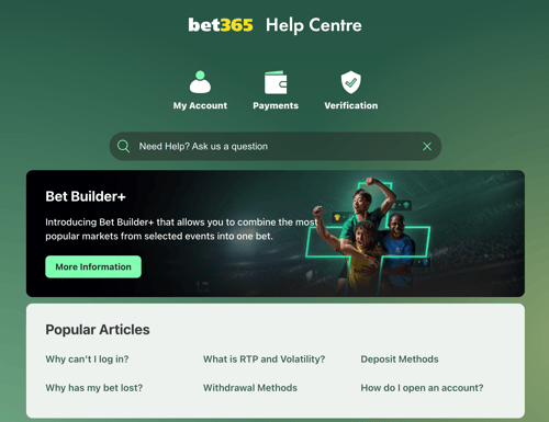Bet365's help centre, with a search tool, bet builder explanation, and links to popular articles