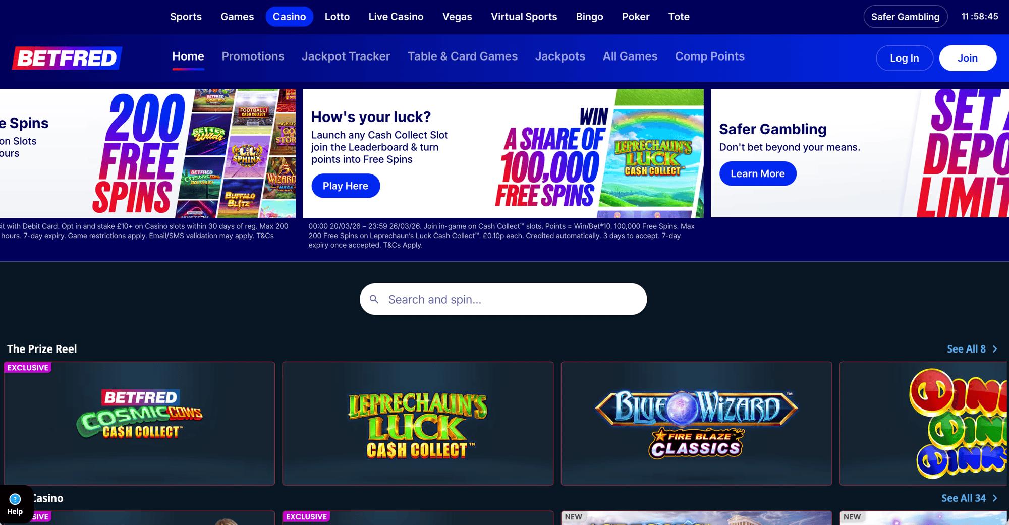 Betfred's casino homepage
