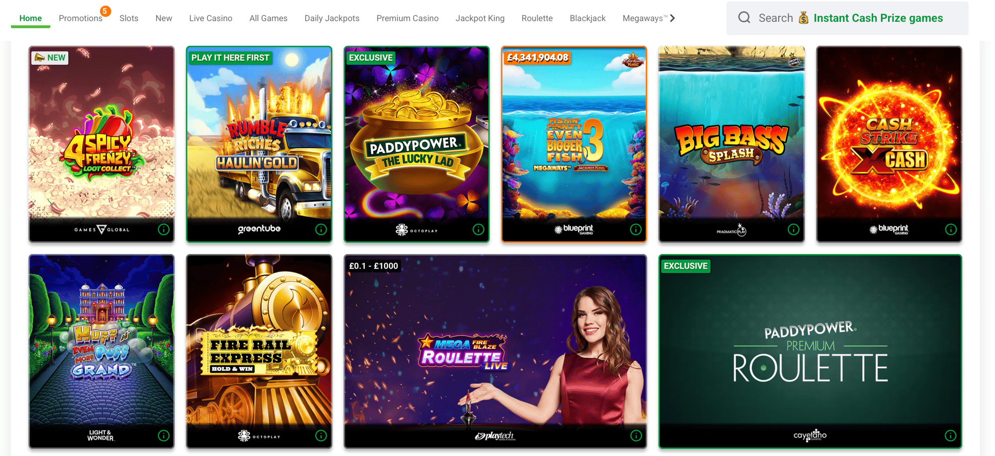 A selection of Paddy power's available games