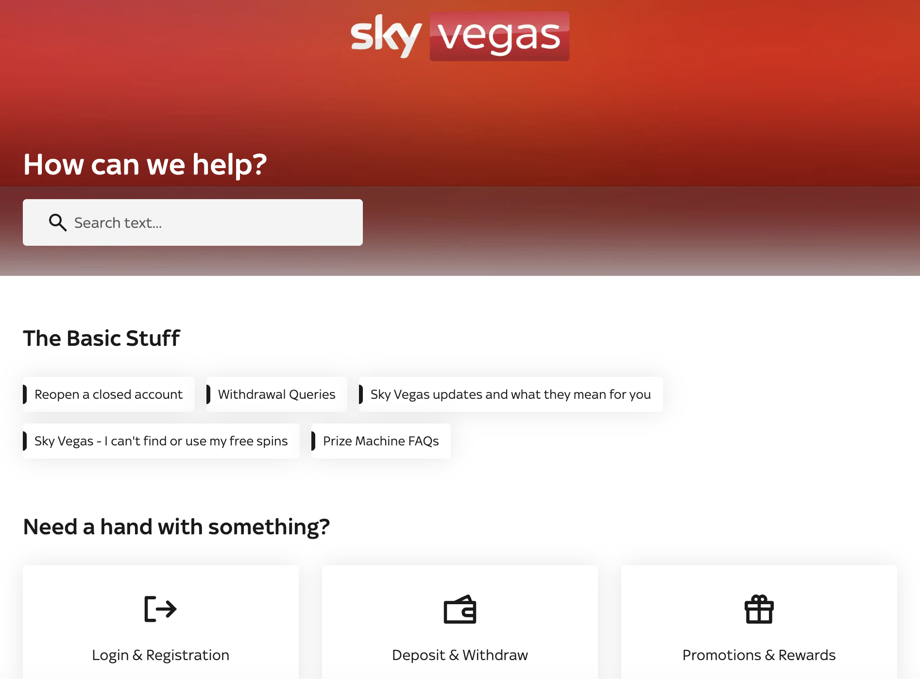 Sky Vegas help centre