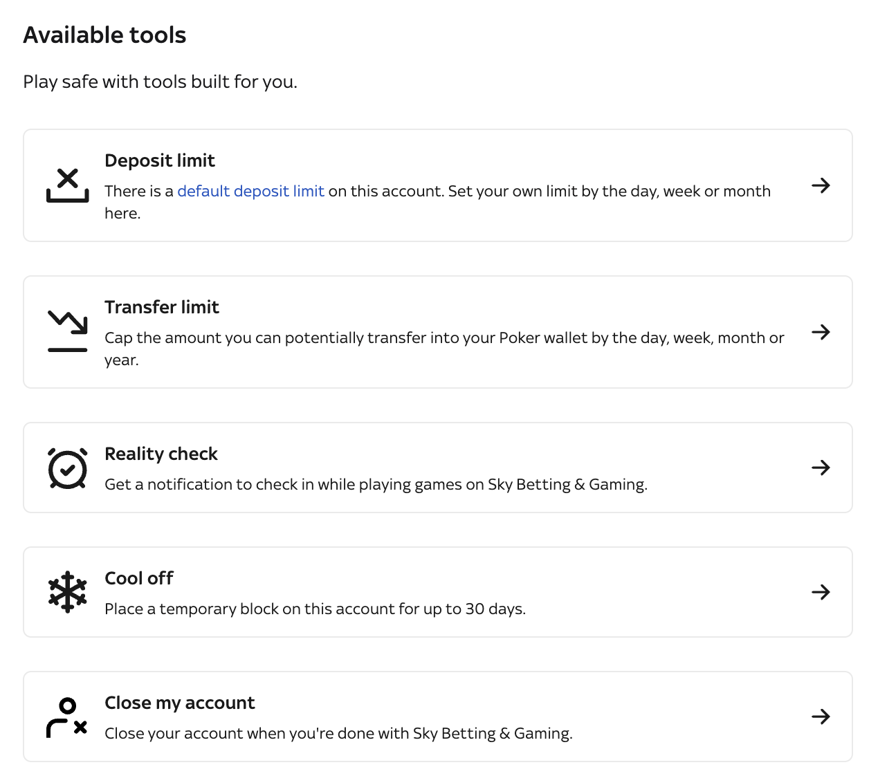 Sky Vegas' Safer Gambling section