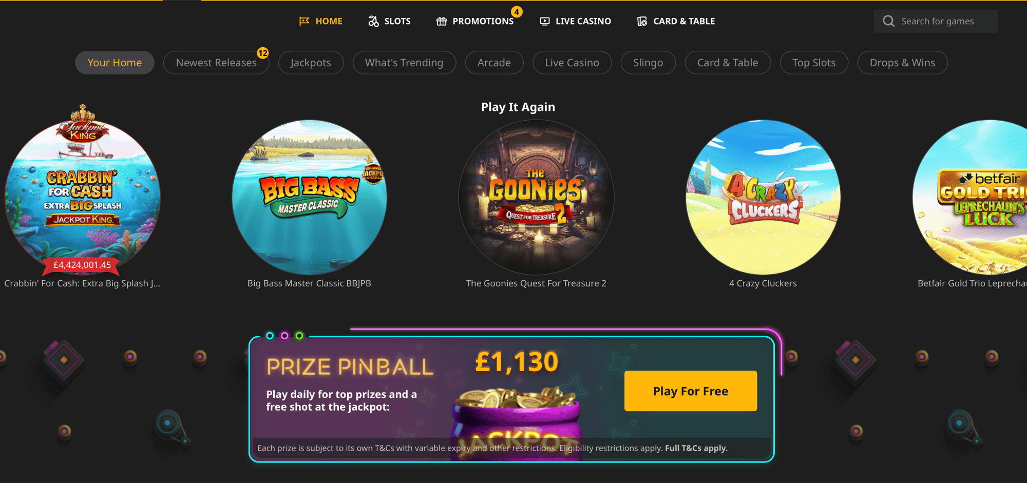Betfair's casino homepage Betfair's casino homepage