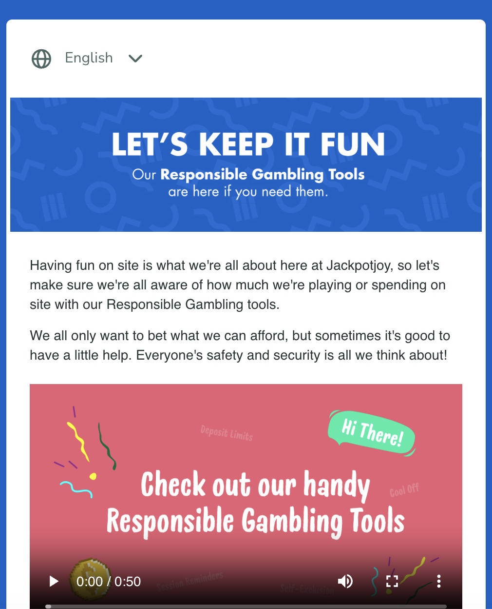 Jackpotjoy Safer Gambling section