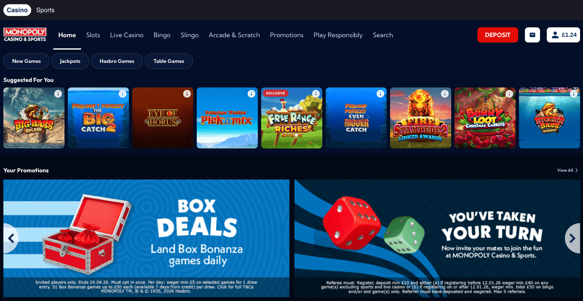 Monopoly Casino's casino homepage Monopoly Casino's casino homepage