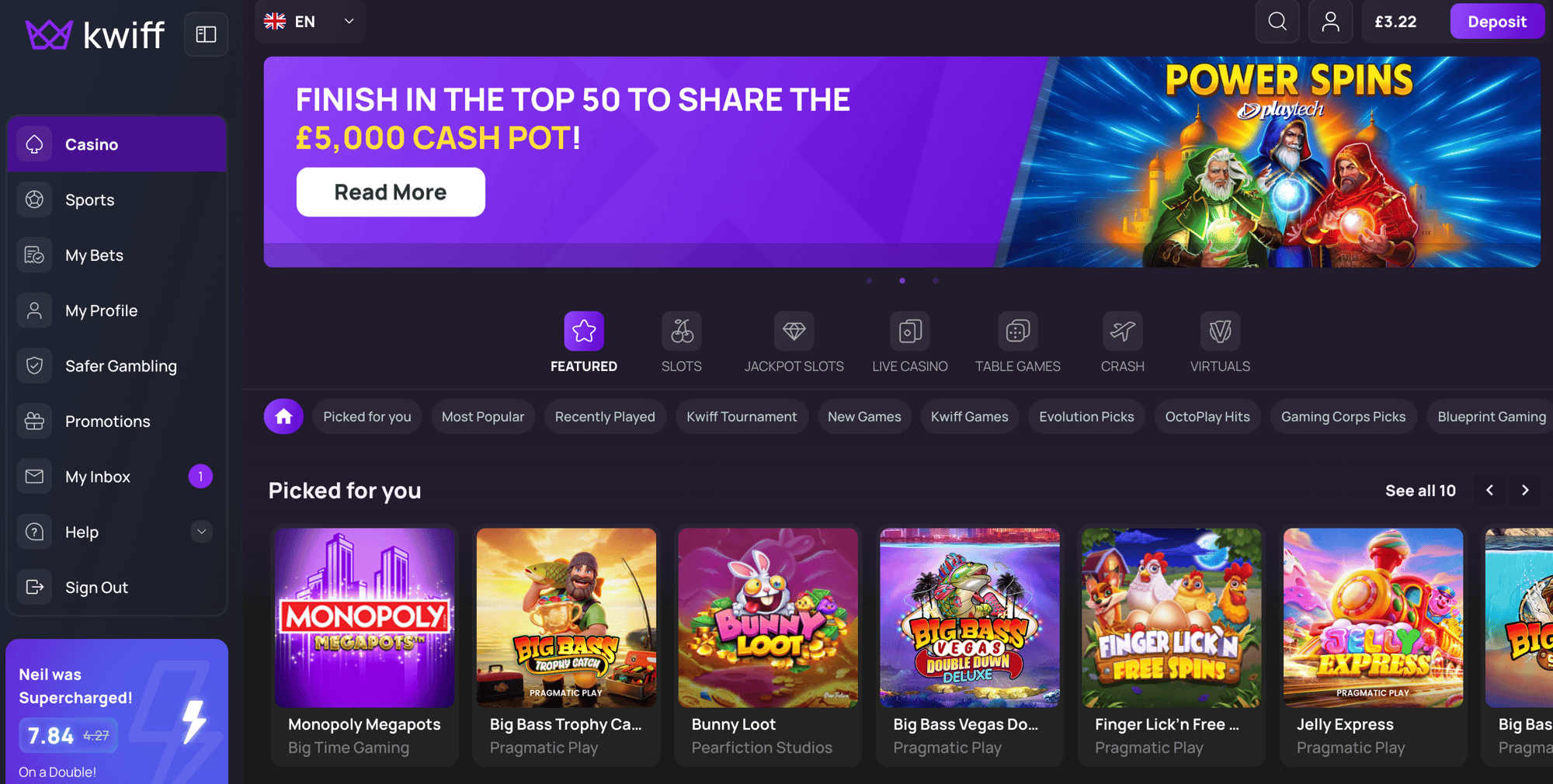 Kwiff casino homepage