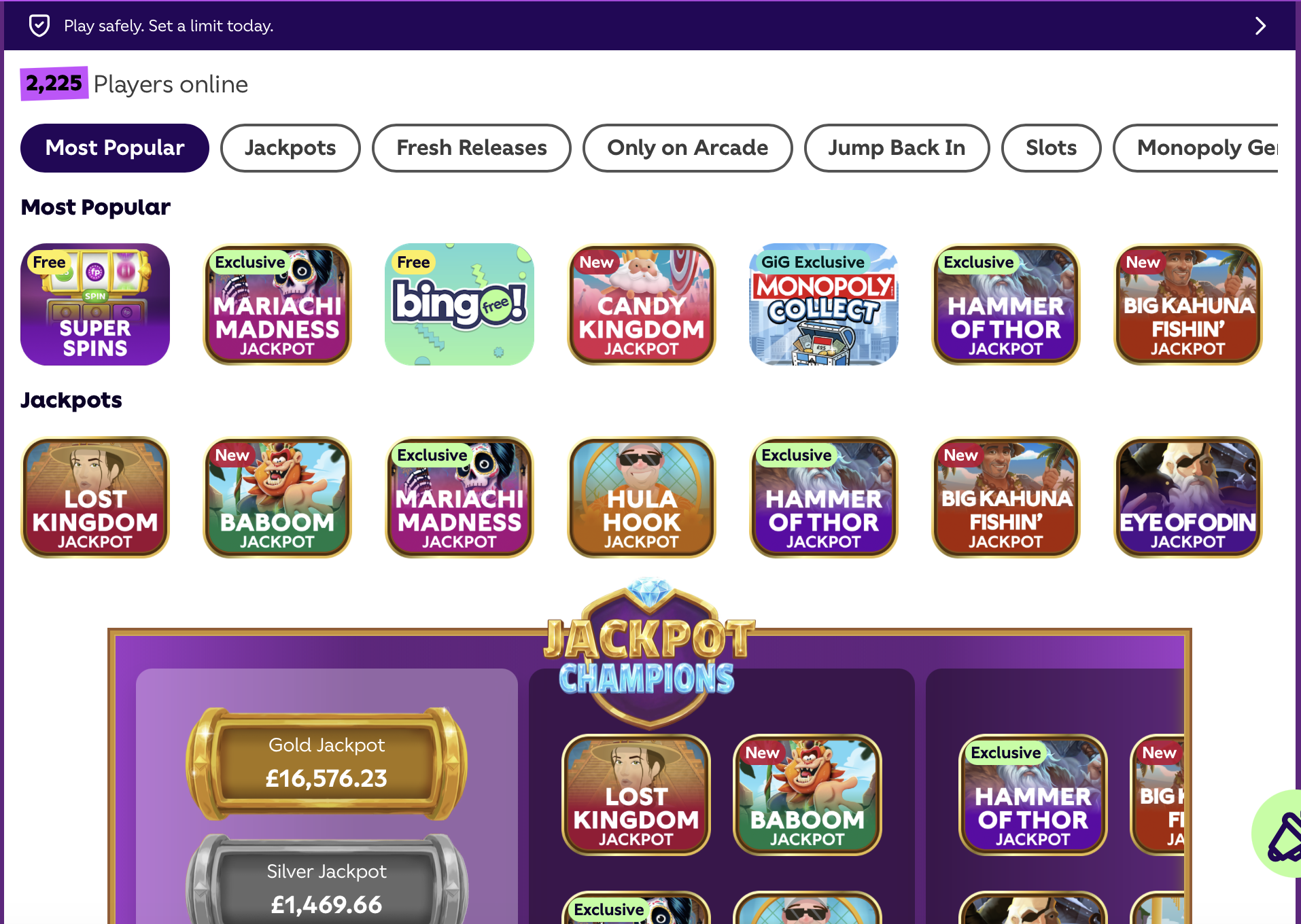 Tombola Arcade casino homepage