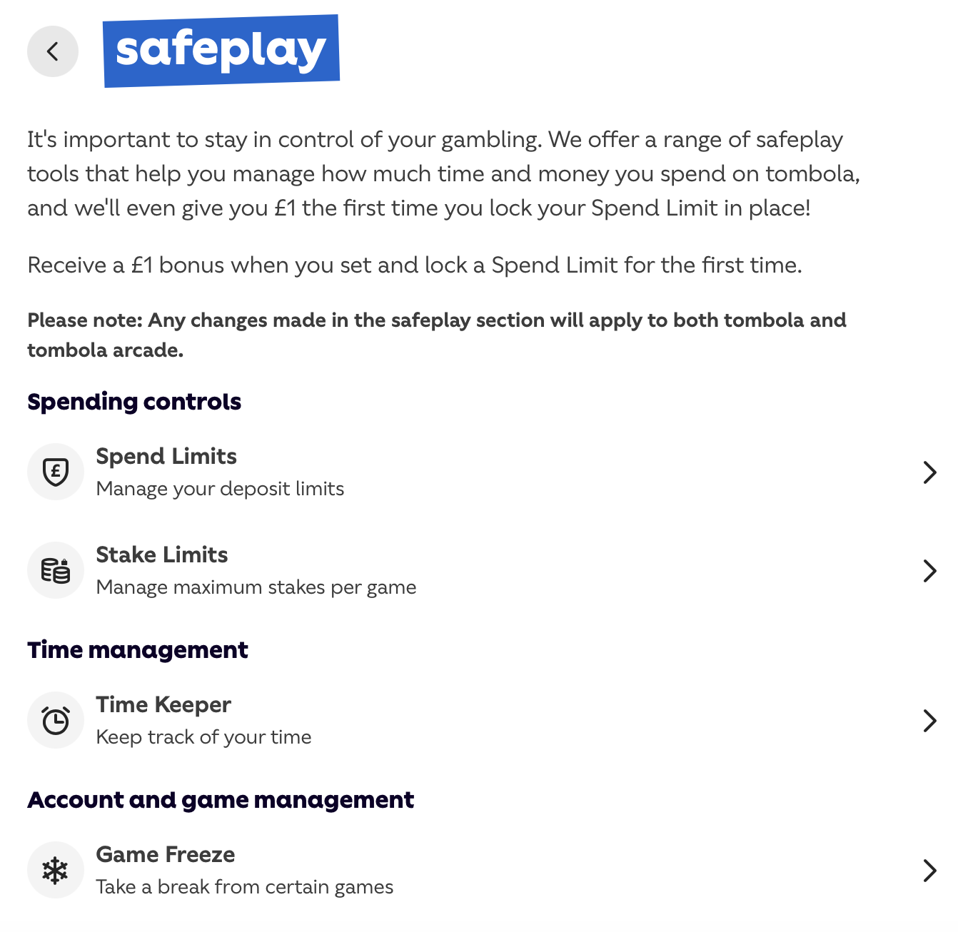 Tombola Safer Gambling section