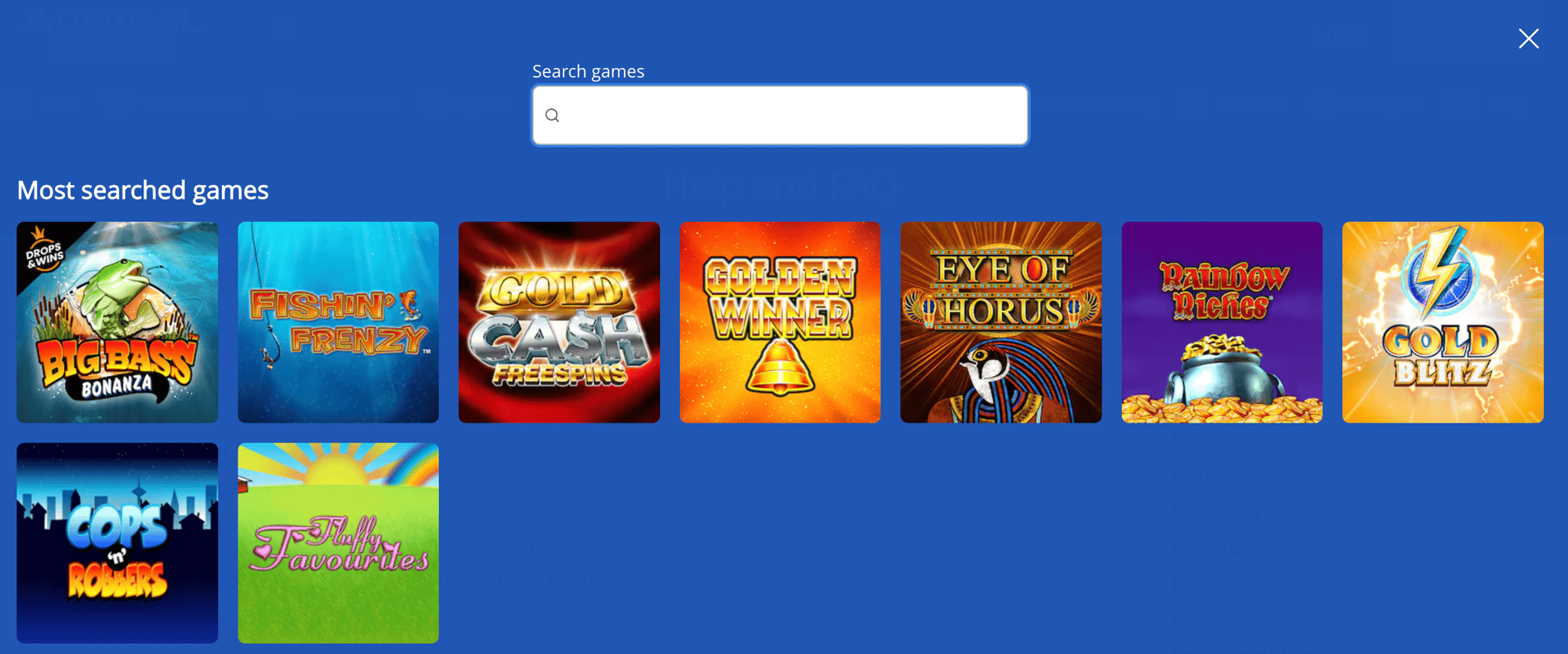 Admiral Casino search tool