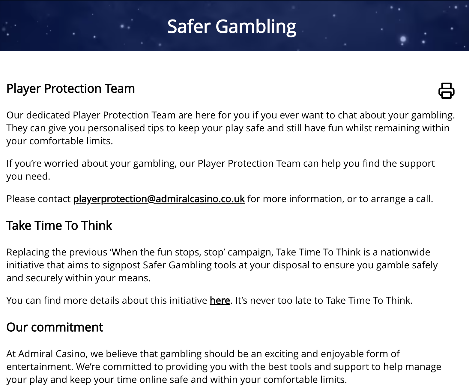 Admiral Safer Gambling section