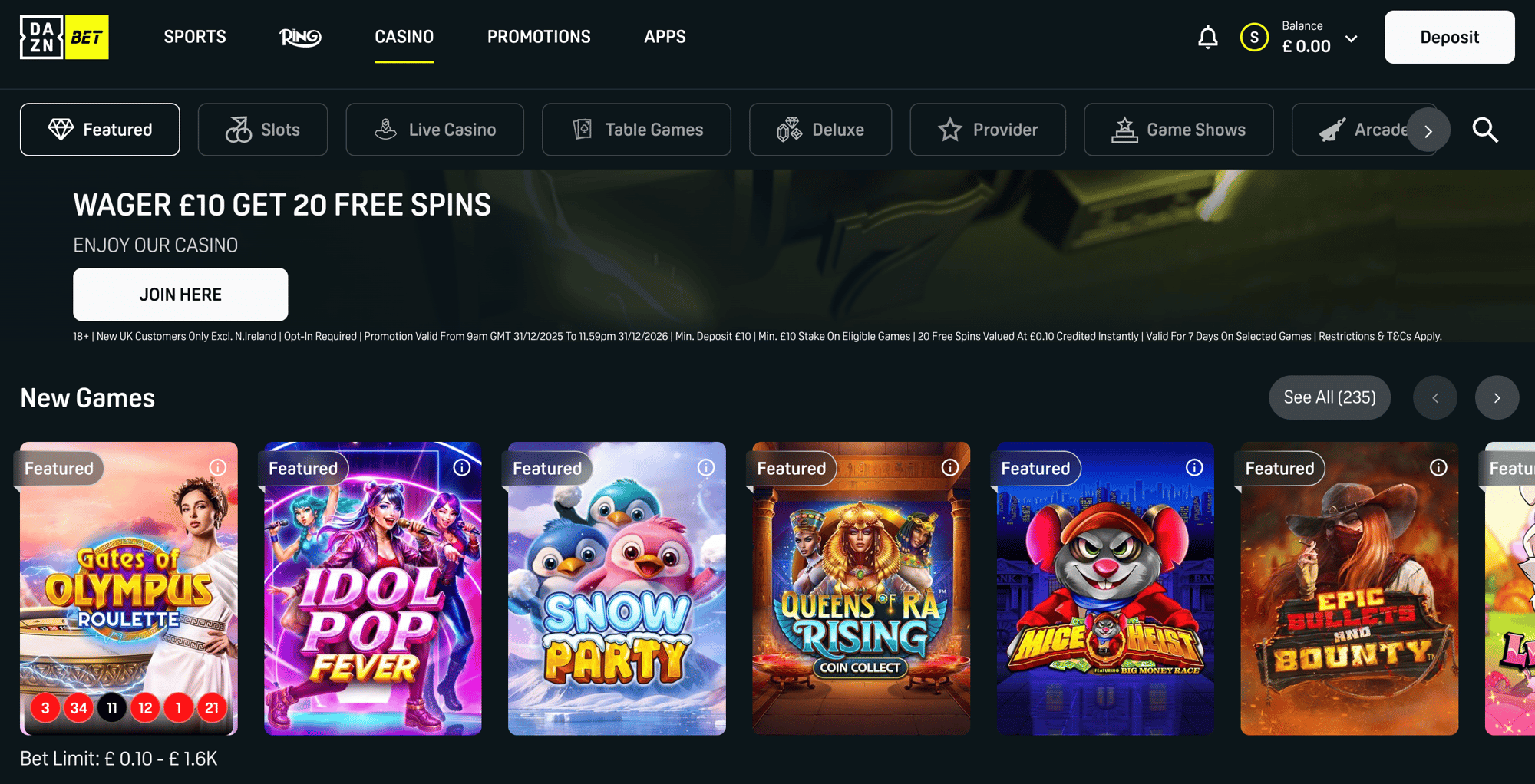 Dazn Bet casino homepage