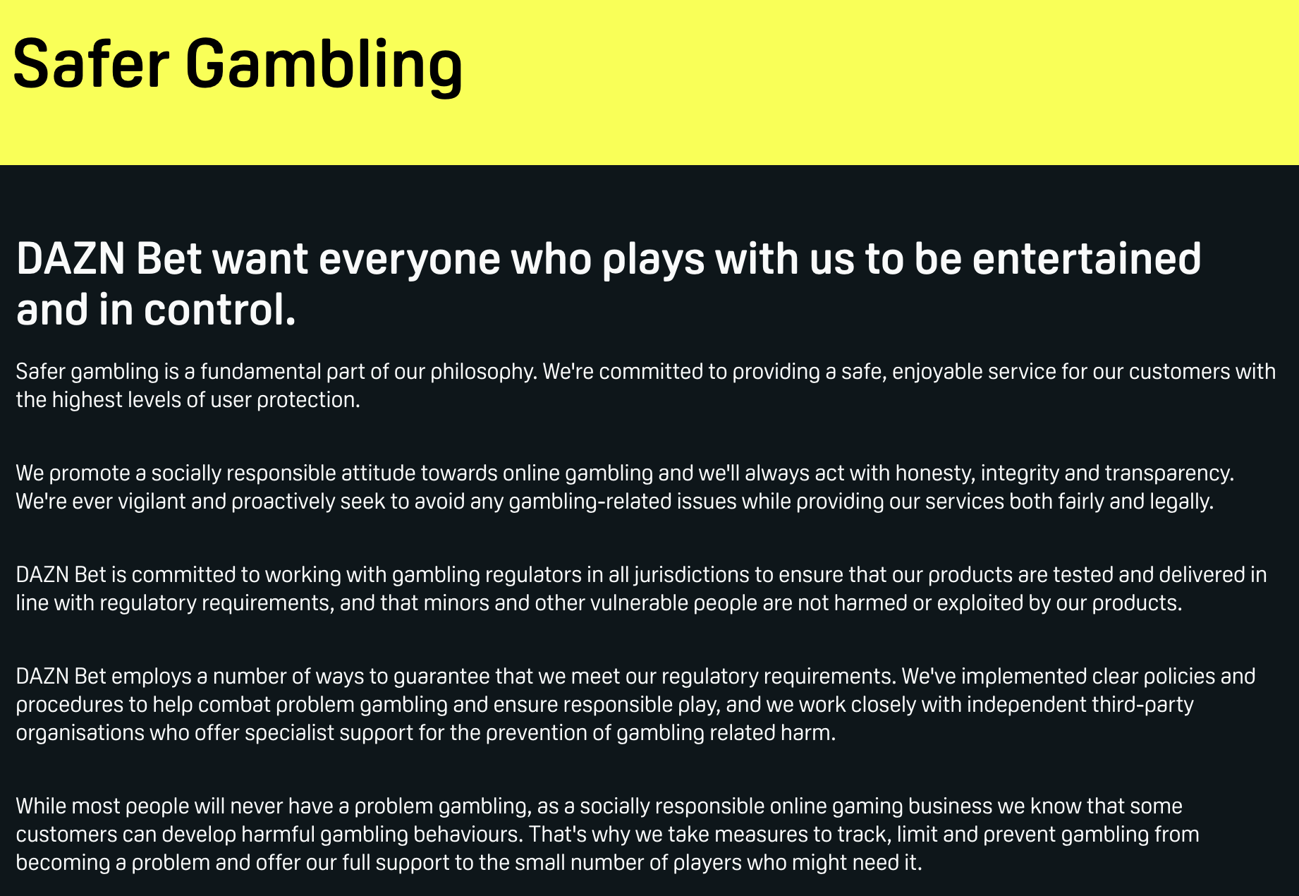 Dazn Bet Safer Gambling section