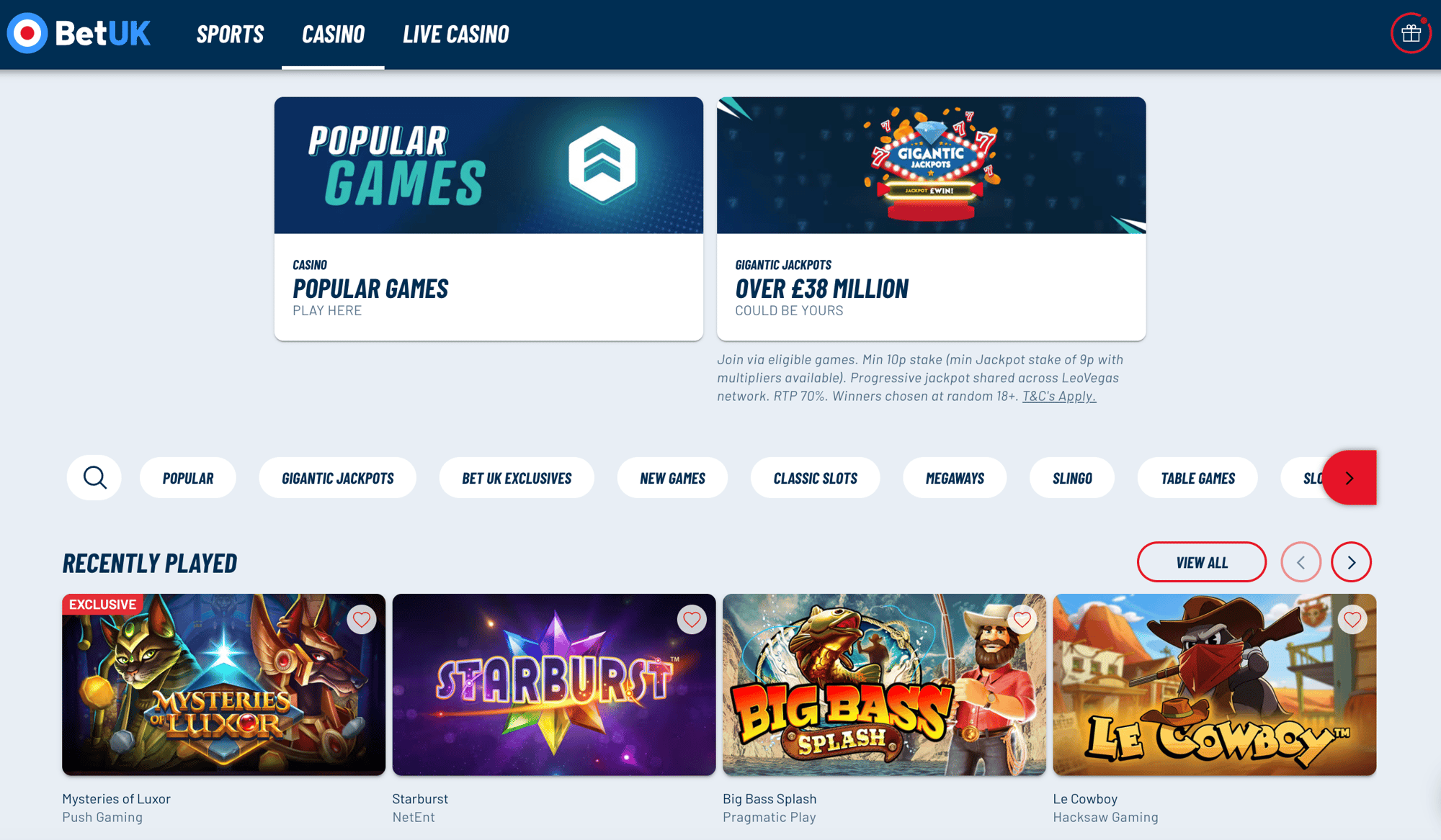 BetUK Casino homepage BetUK Casino homepage