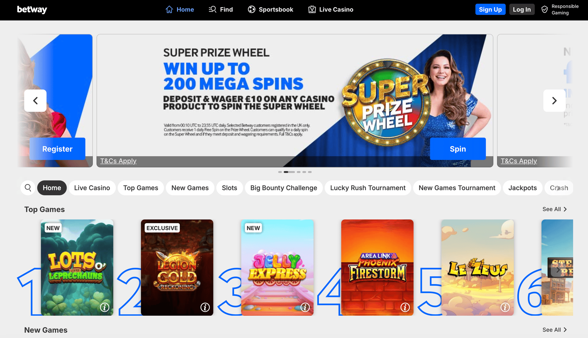 Betway casino homepage