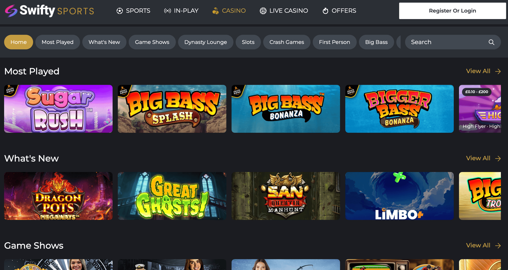 Swifty Sports casino homepage