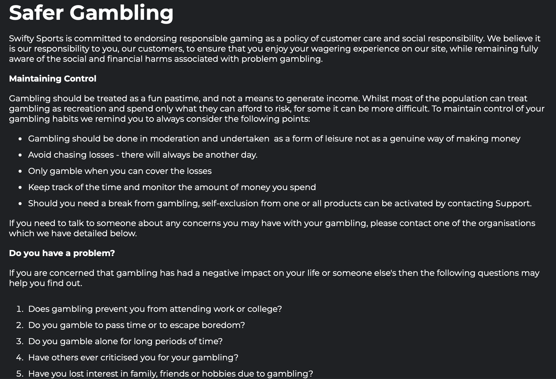 Swifty Sports Safer Gambling section