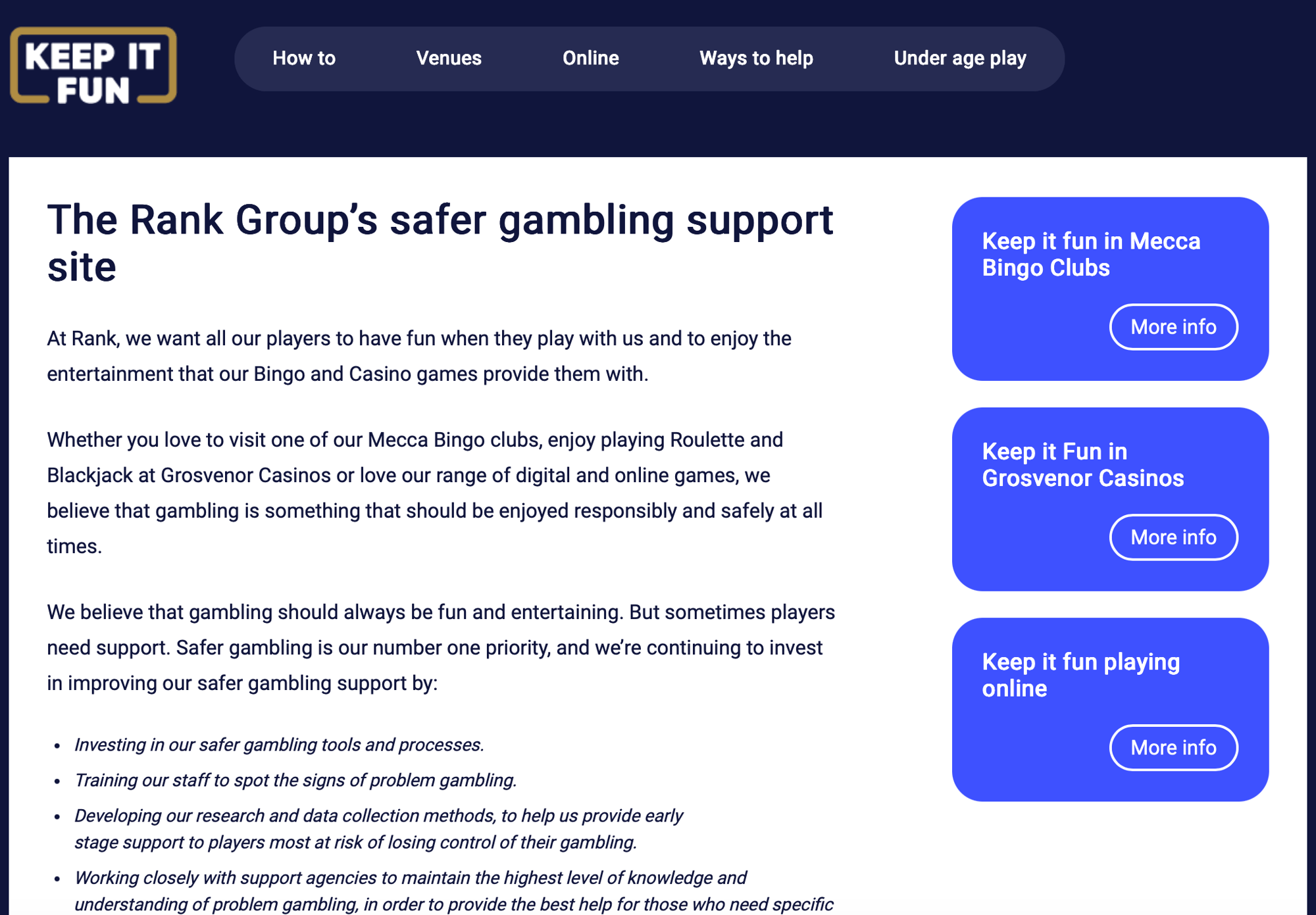 Rank Group Safer Gambling website