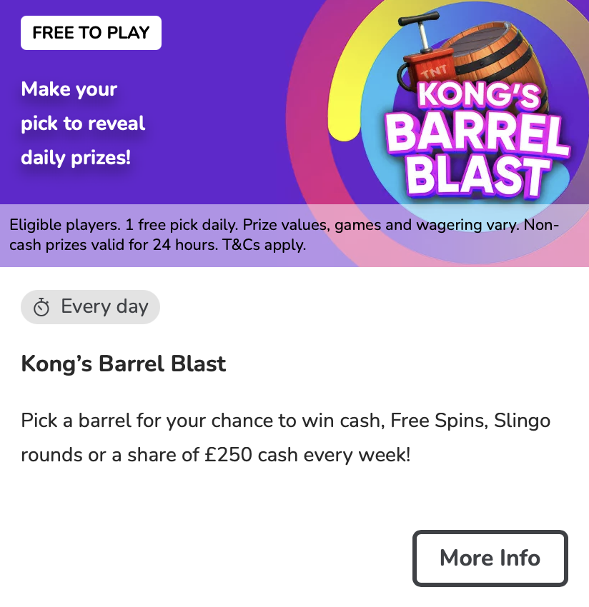 Mecca Bingo reload offer - Kong's Barrel Blast