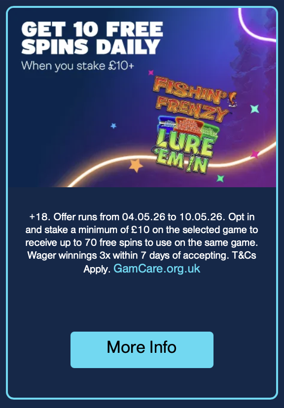Fabulous Vegas reload offer: get 10 free spins daily when you stake £10+ Fabulous Vegas reload offer: get 10 free spins daily when you stake £10+