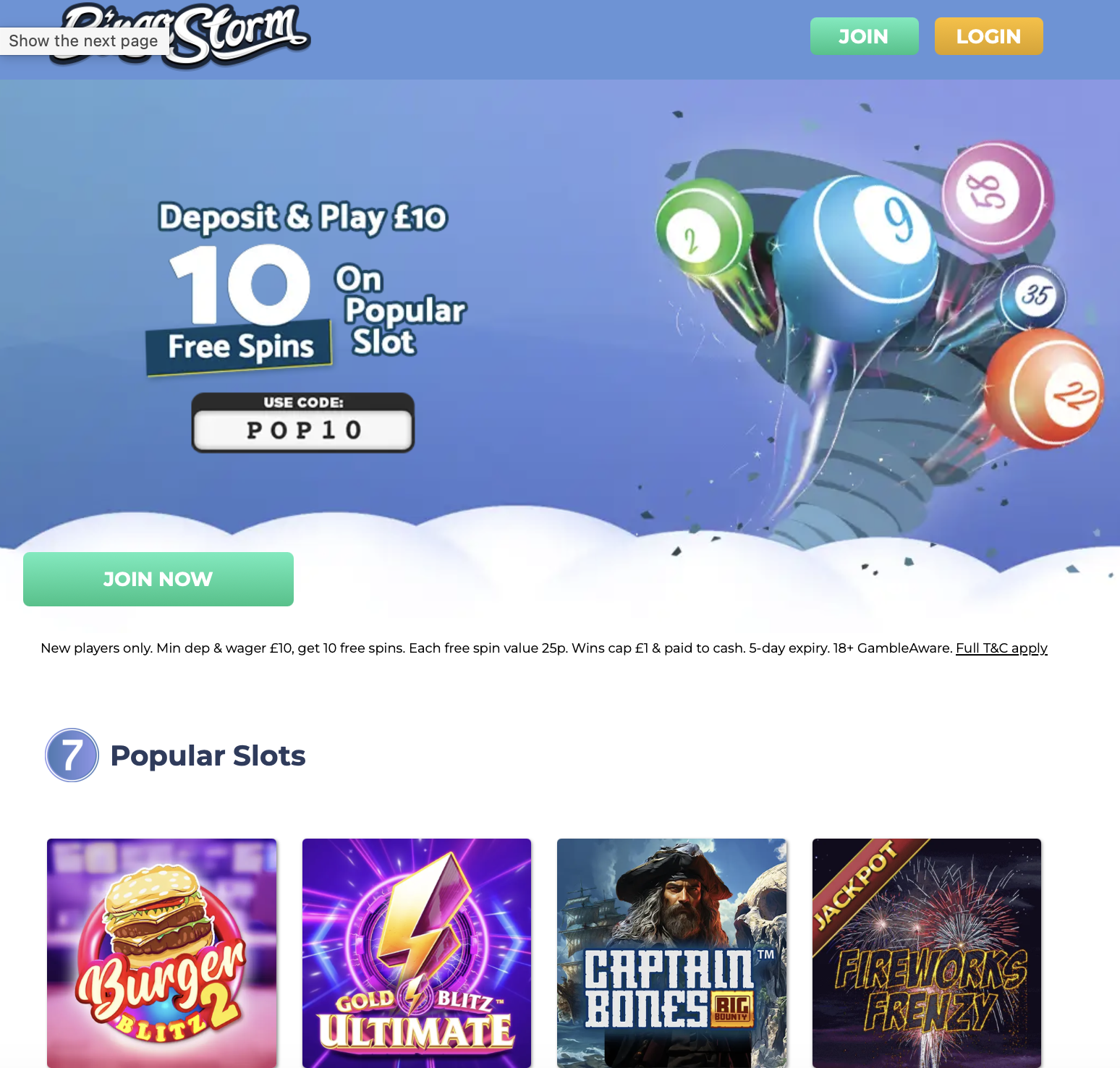 Bingo Storm homepage
