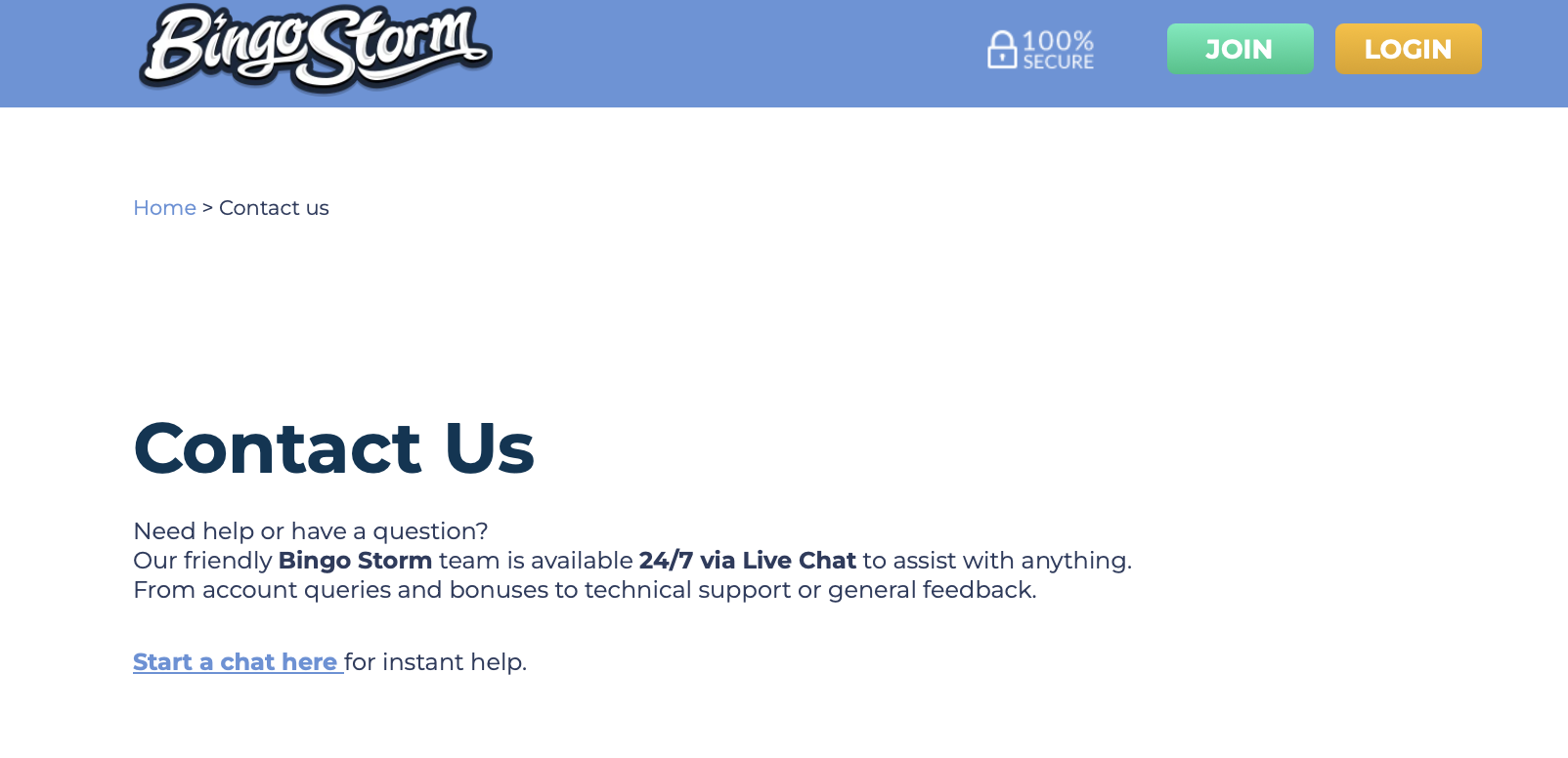 Bingo Storm's contact us page