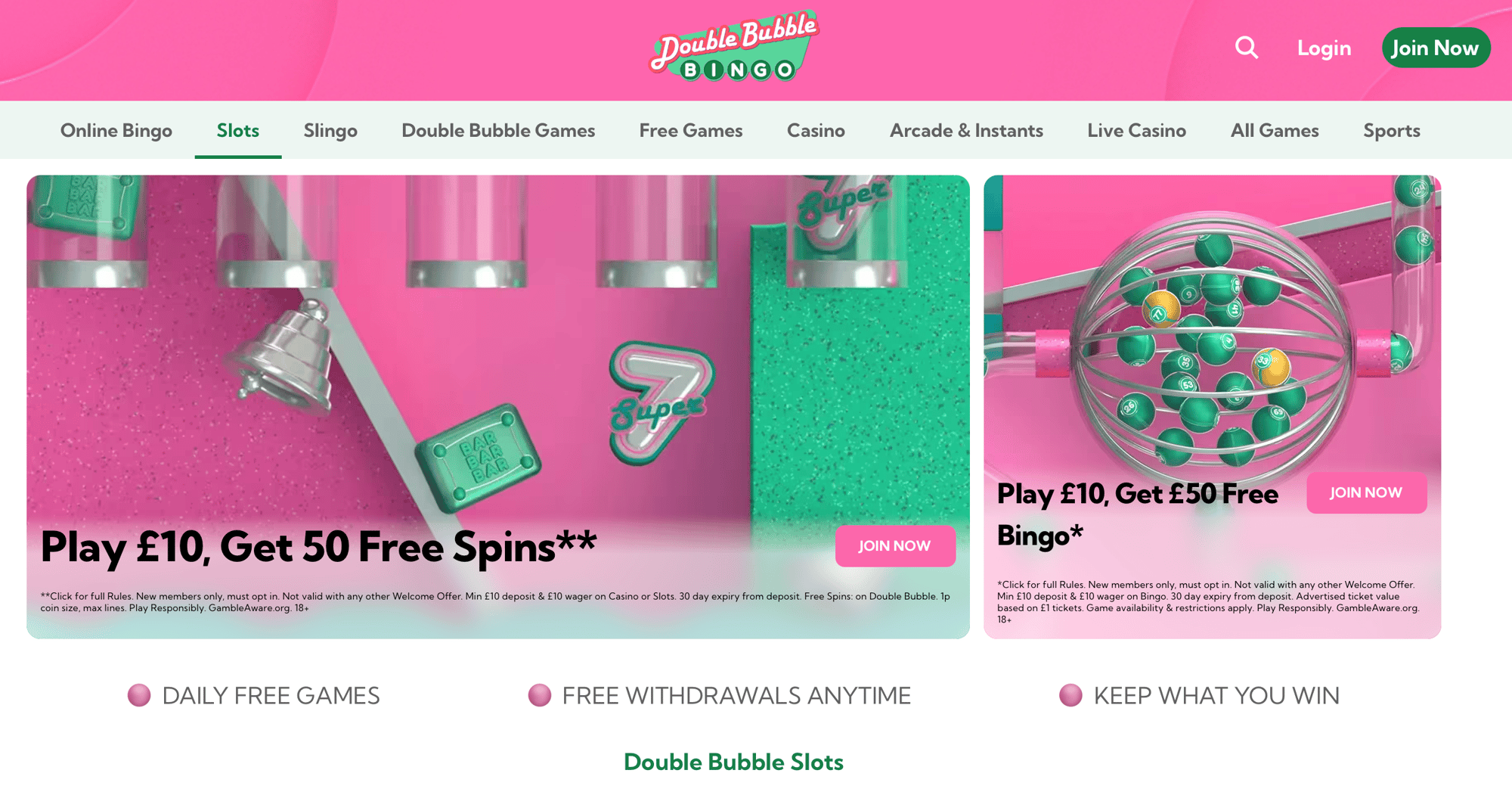 Double Bubble Bingo Casino homepage (slots)