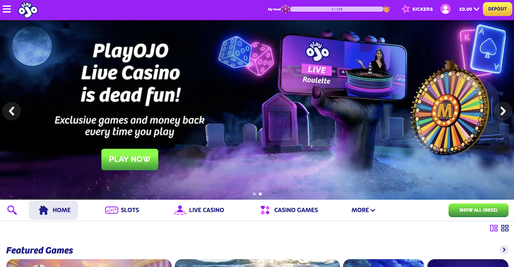 PlayOJO casino homepage