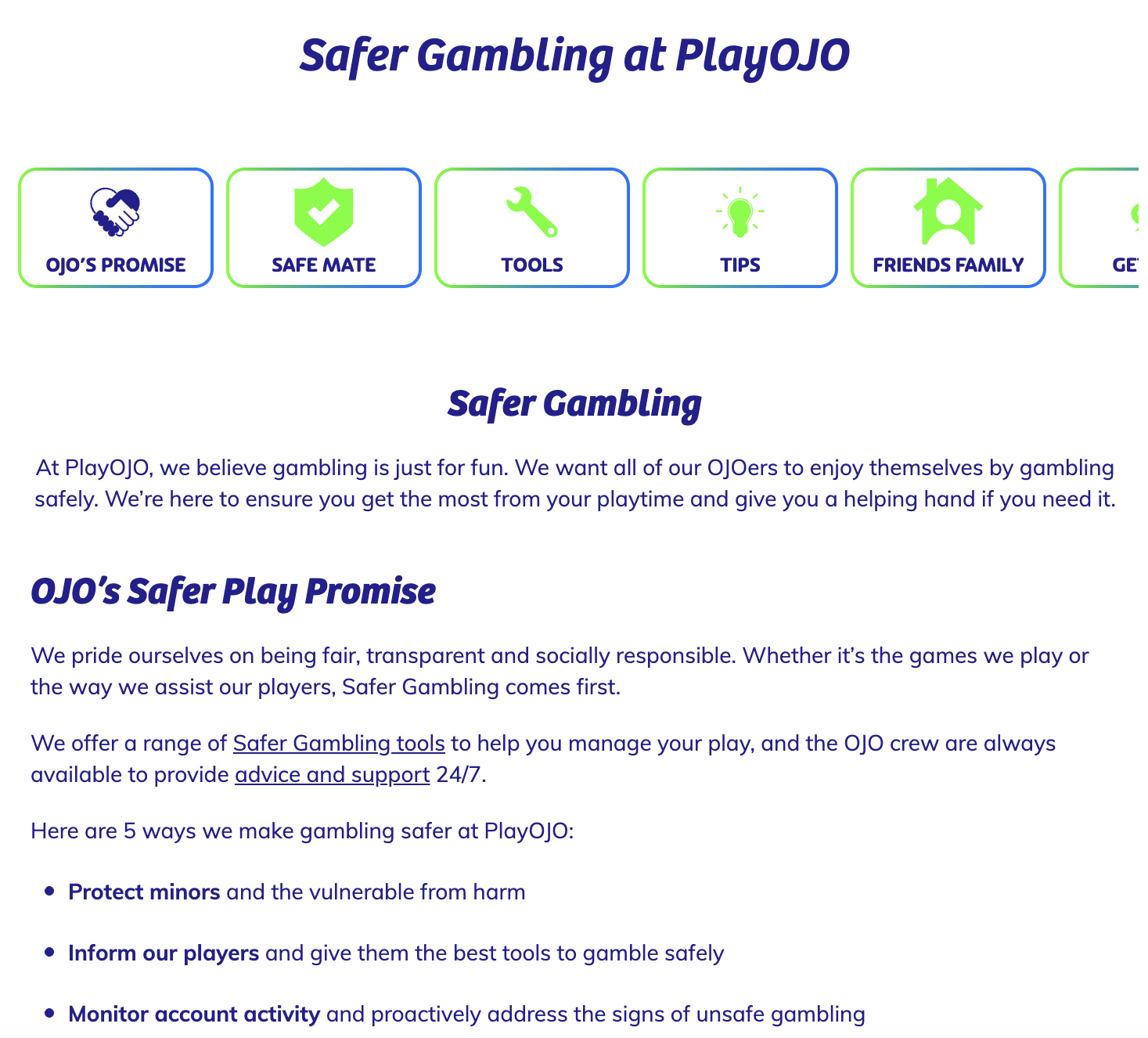 PlayOJO Safer Gambling section