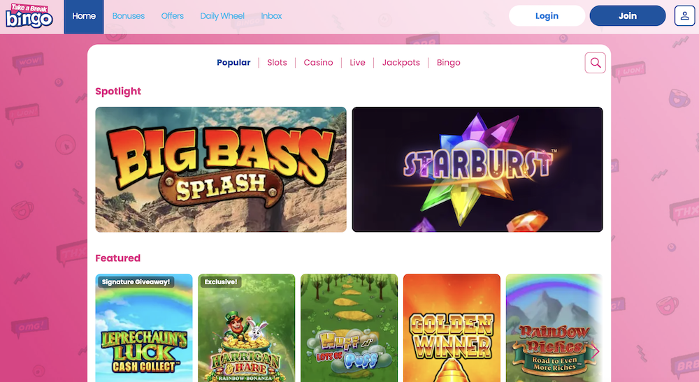 Take a Break Bingo casino homepage
