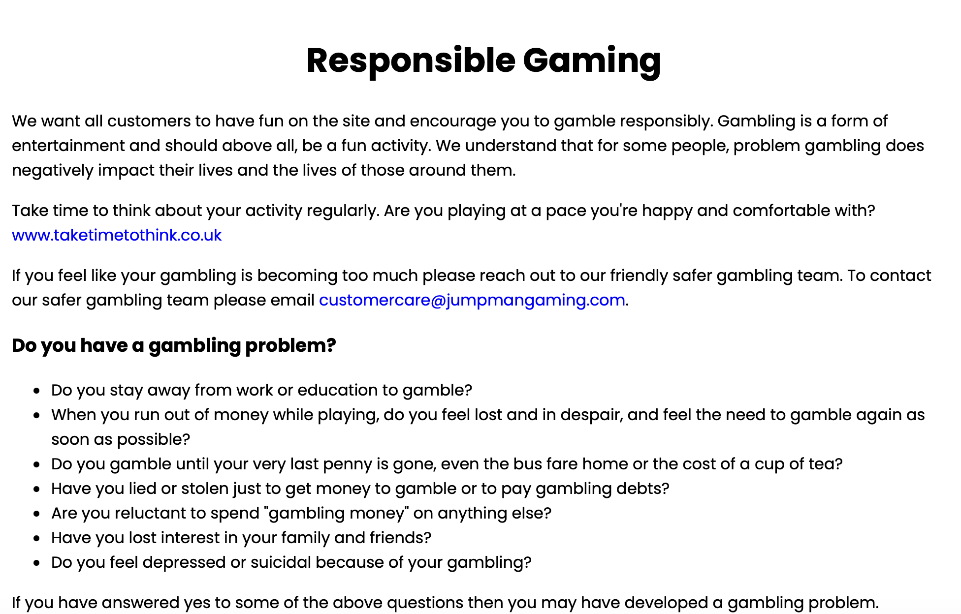 Take a Break Bingo Safer Gambling section