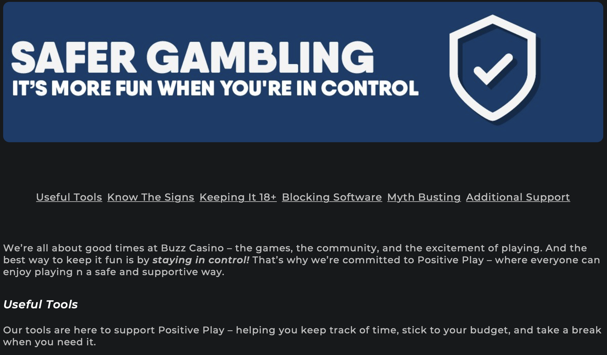 Buzz Bingo's Safer Gambling section