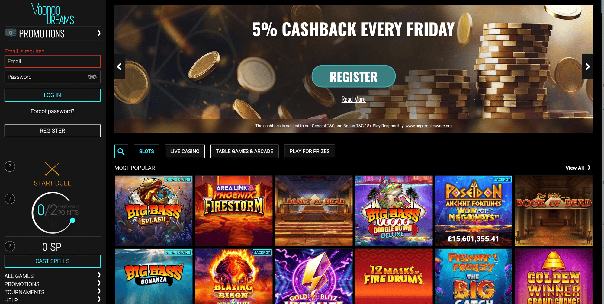Voodoo Dreams casino homepage