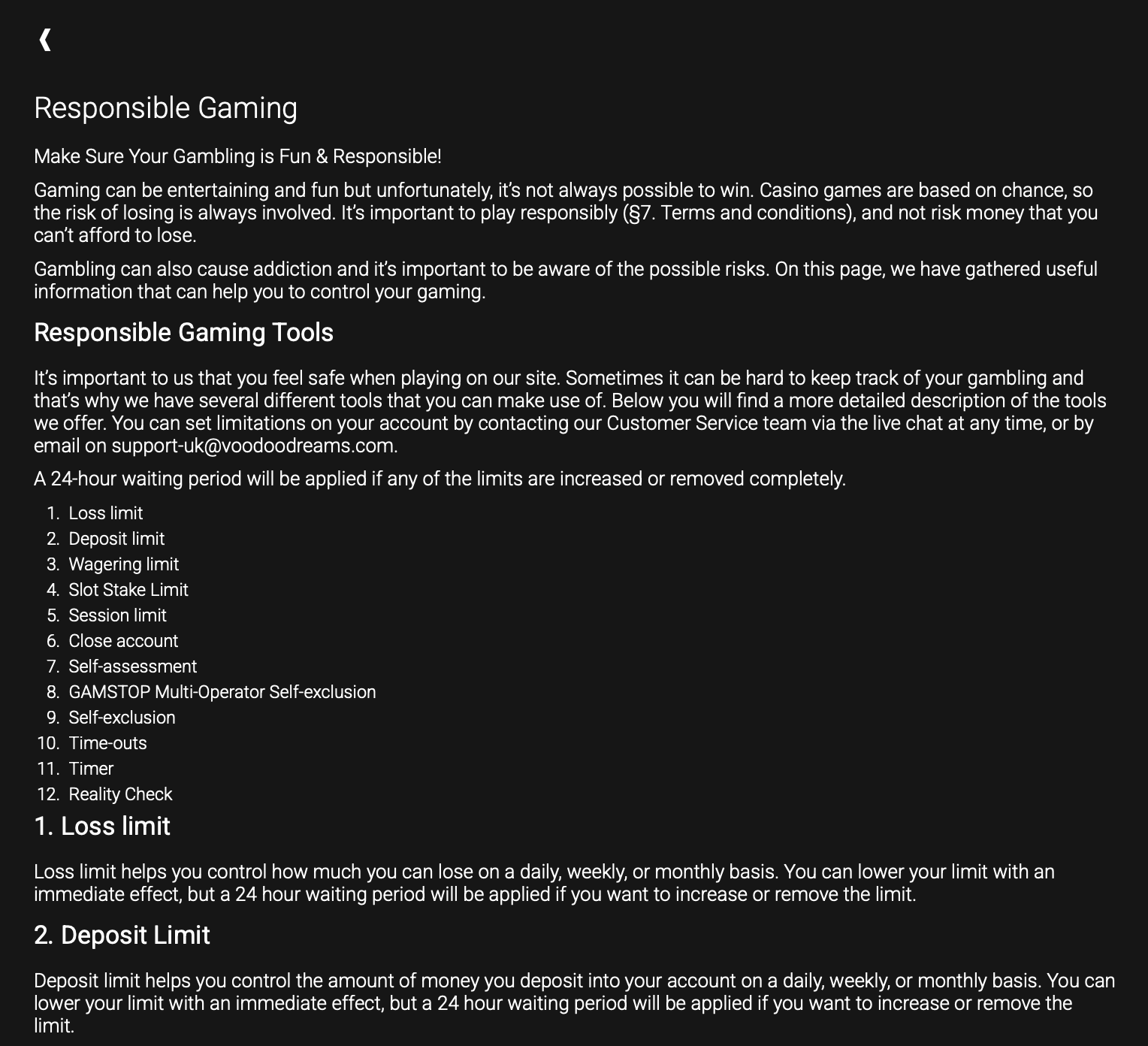 Voodoo Dreams Safer Gambling section