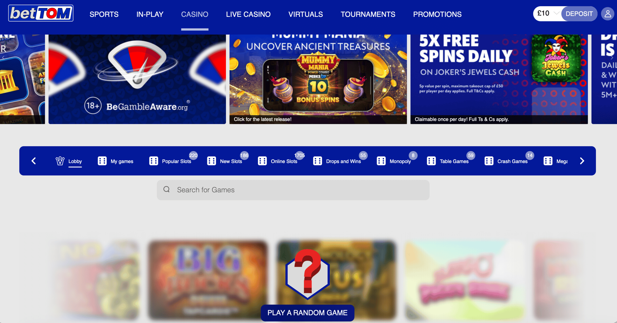 BetTOM casino homepage