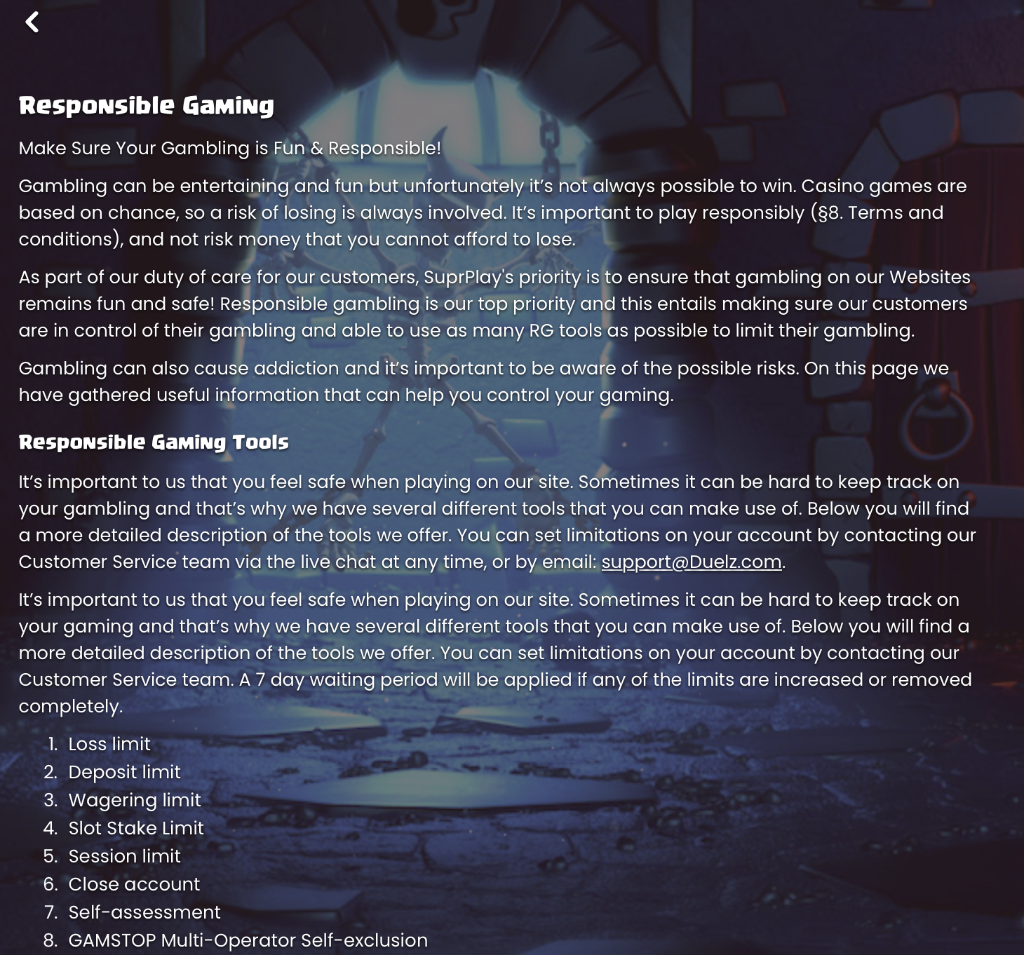 Duelz Casino Safer Gambling section Duelz Casino Safer Gambling section