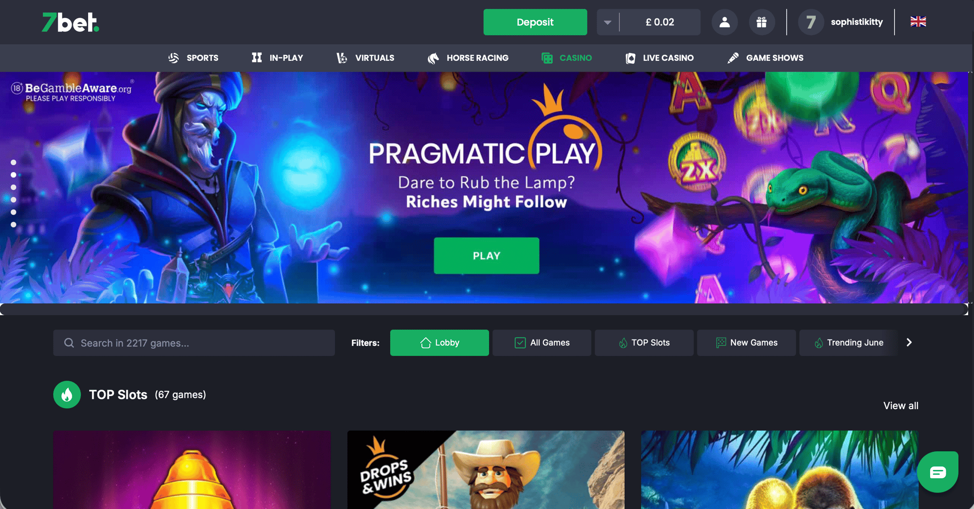 7Bet casino homepage